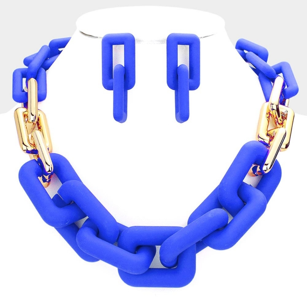 Blue Gold Chunky Big Link Necklace Chain Cute Jewelry Set Open Rectangle Bold